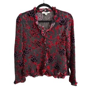 COLDWATER CREEK Sheer Velvet Burnout Ruffle Trim Floral Blouse Whimsigoth Small